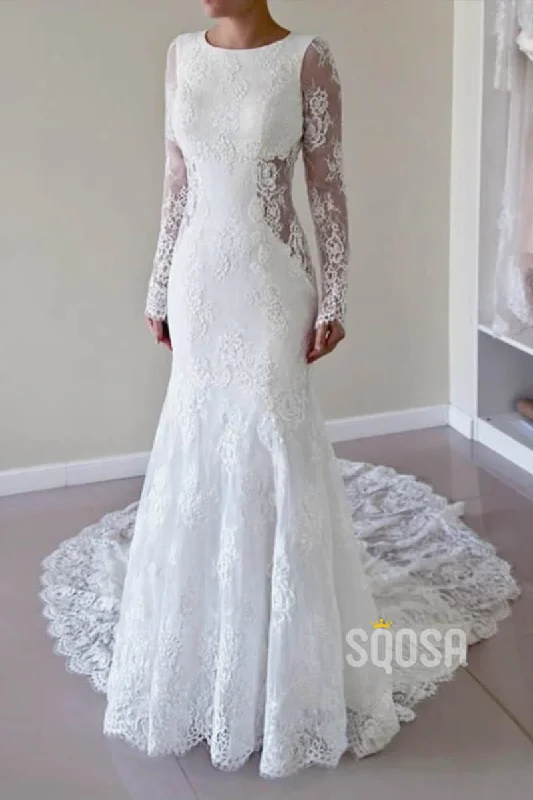 trendy wrap dressSheath/Coulmn Wedding Dress Illusion Lace Long Sleeves Bridal Gowns Backless QW2081