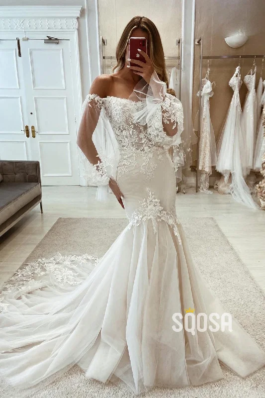 boho-chic dressOff-Shoulder Long Sleeve Empire Lace Applique Sexy Trumpet With Tulle Train Wedding Dress QW8106