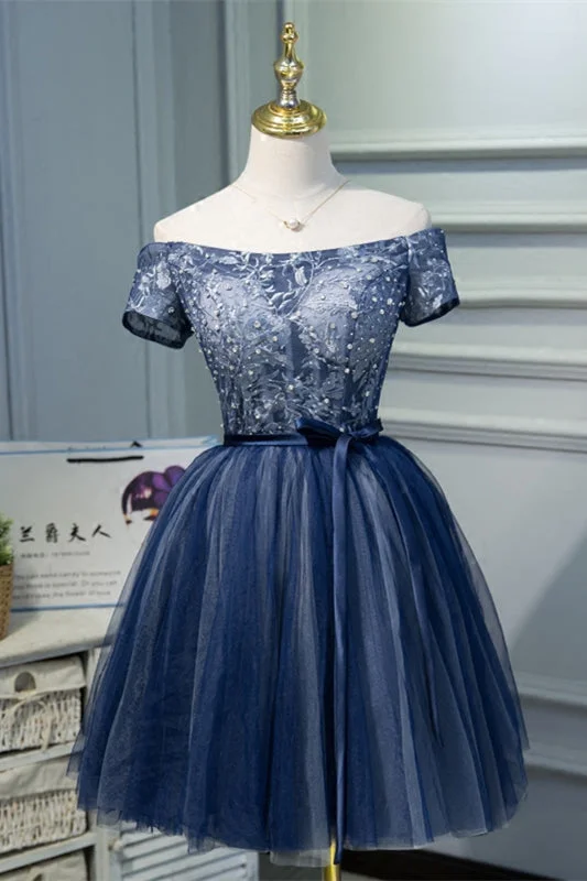 playful dressNavy Blue Off-the-Shoulder Beaded Embroidery Homecoming Dress