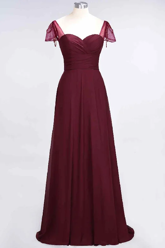 casual day dressBurgundy A-line Illusion Sleeves Pleated Chiffon Long Bridesmaid Dress