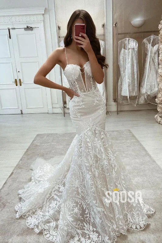 stylish party dressSpaghetti Straps Deep V-Neck Mermaid Lace Wedding Dress Bridal Gown QW0952