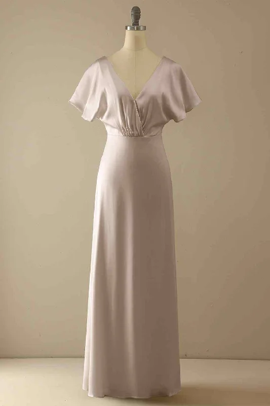 casual slip dressSheath V Neck Satin Pleated Backless Long Bridesmaid Dress