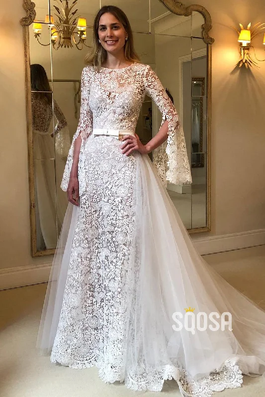 classic fit-and-flare dressUnique Jewel Romantic Lace Wedding Dress with Sleeves Bridal Gown QW2353