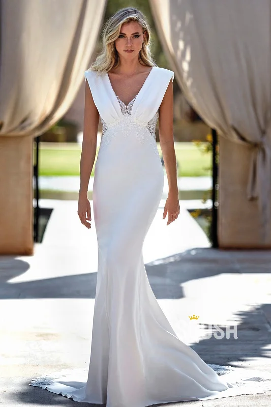 casual evening dressMermaid V-Neck Lace Satin Casual Wedding Dress Boho Bridal Gowns QW8052