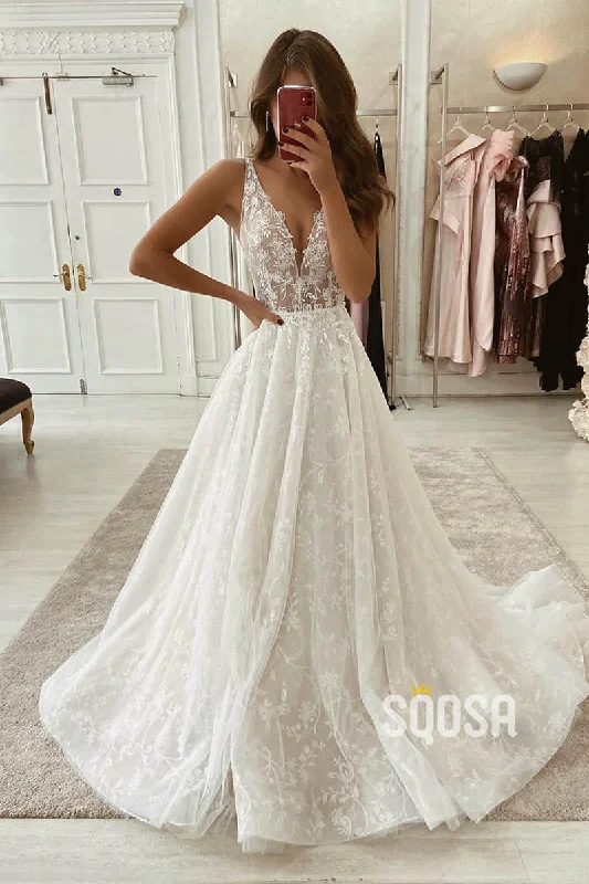 chic wrap dressA-line V-neck Lace Wedding Dress Rustic Wedding Gown with Sweep Train QW2248