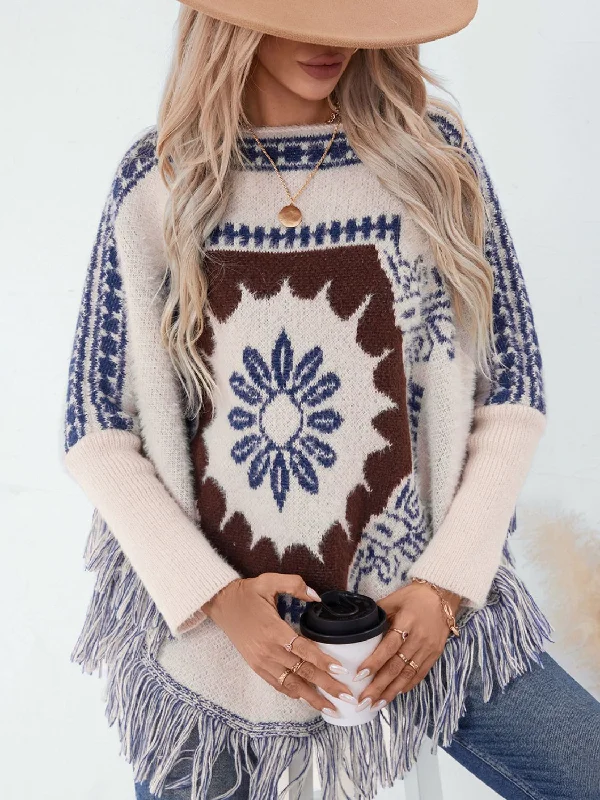 urban casual coatFringe Geometric Long Sleeve Poncho