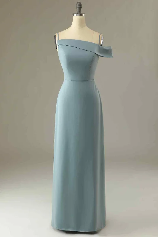 printed dressDolphin Grey A-line Asymmetrical Neck Satin Long Bridesmaid Dress