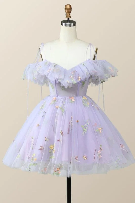 tiered dressStraps Lavender Floral A-line Short Homecoming Dress