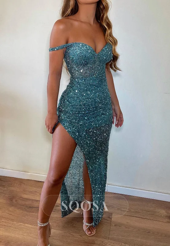 form-fitting dressSexy Fitted Off-Shoulder Sequined With Side Slit Party Prom Evening Dress QP3564