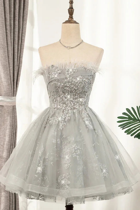 satin dressSilver Strapless Feathers Beaded Tulle Homecoming Dress