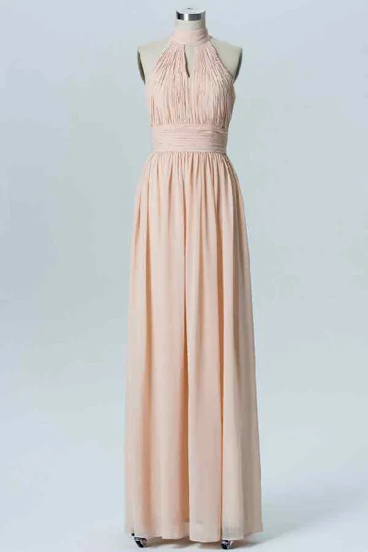 floral midi dressBlushing Pink A-line Halter Pleated Cut-Out Chiffon Long Bridesmaid Dress