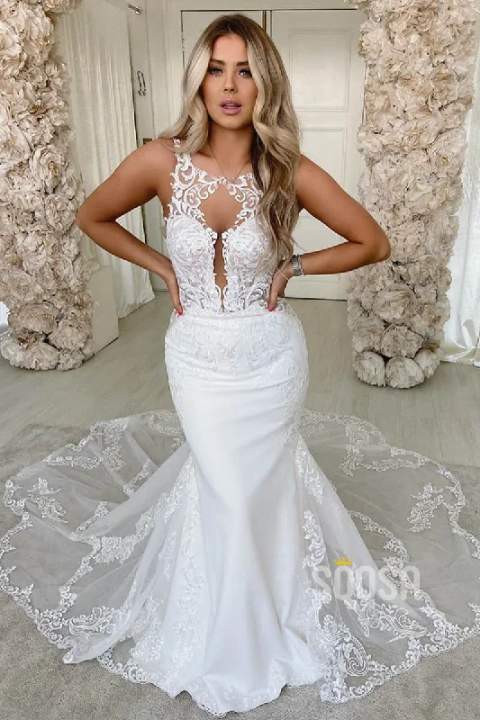 minimalistic dressChic Bateau Neck Lace Appliques Mermaid Wedding Dress Bridal Gown QW2093