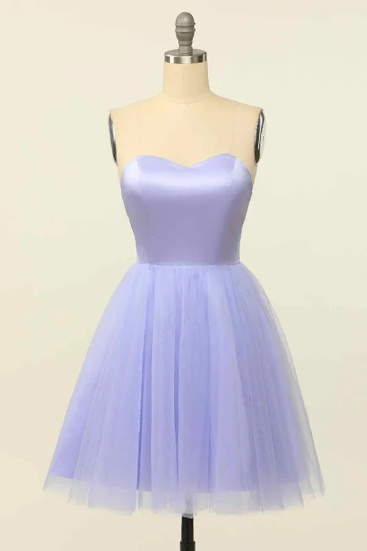 casual shift dressLilac A-line Strapless Sweetheart Lace-Up Back Mini Homecoming Dress