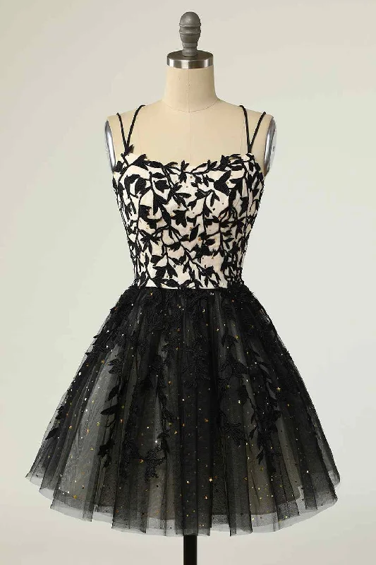 elegant evening dressBlack A-line Double Spaghetti Straps Lace-Up Applique Mini Homecoming Dress