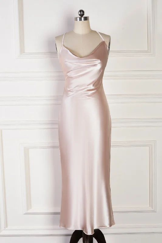 casual summer dressChampagne Mermaid Spaghetti Straps Satin Backless Long Bridesmaid Dress