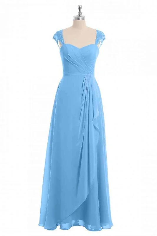 minimalistic dressBlue A-line Cap Sleeves Chiffon Long Bridesmaid Dress