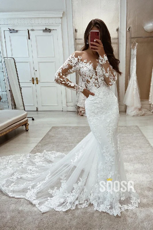 satin dressIllusion Neckline Long Sleeves Allover Lace Mermaid Wedding Dress QW2679