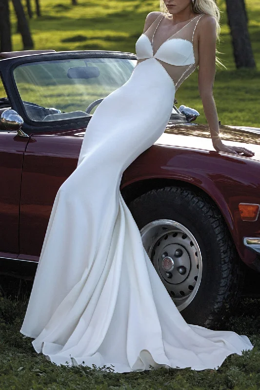 chic dressAttractive Illusion Deep V neck Beads Mermaid Wedding Dress QW2138