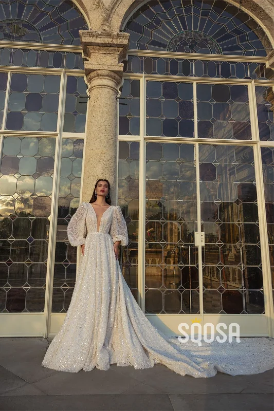 casual day dressA Line Sexy Deep V neck Long Sleeves Romantic Wedding Dress with Court Train QW2299