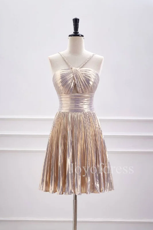 draped dressChampagne Metallic Halter Pleated Short Homecoming Dress