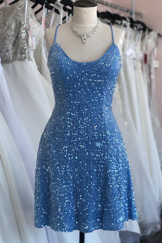 elegant dressBlue Sheath Sequins Lace-Up Mini Homecoming Dress Y3007