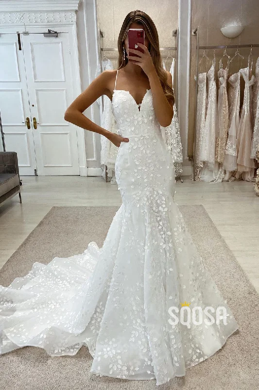 bodycon dressAllover Lace Wedding Dress Spaghetti Straps Mermaid Bridal Gown QW2562