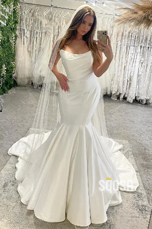 trendy bodycon dressStrapless Ivory Satin Pleats Mermaid Wedding Dress QW2628