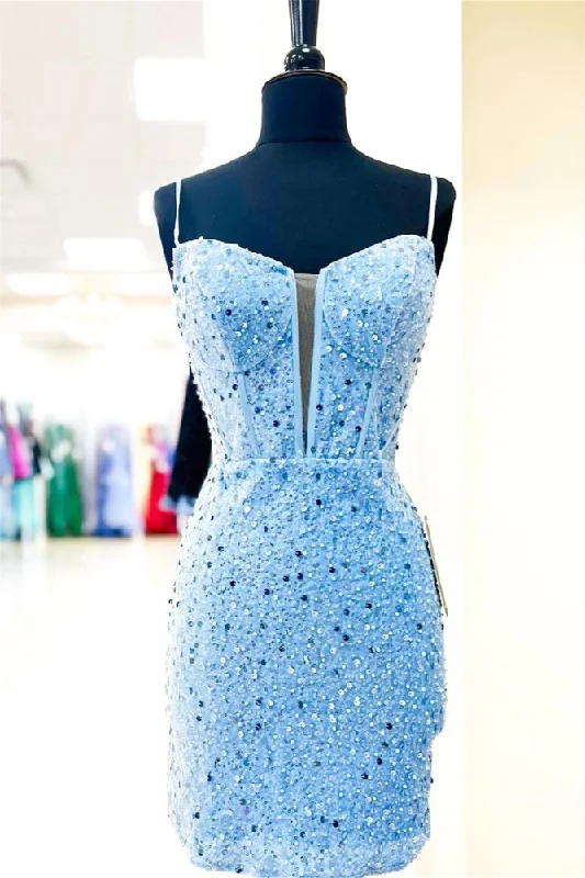 form-fitting dressStraps Blue Sequins Bodycon Homecoming Dress