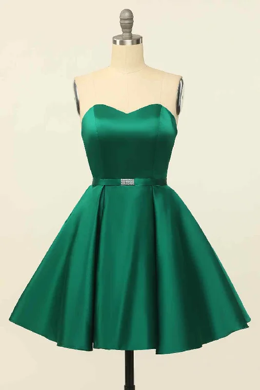 satin midi dressHunter Green A-line Strapless Satin Mini Homecoming Dress with Beaded Sash