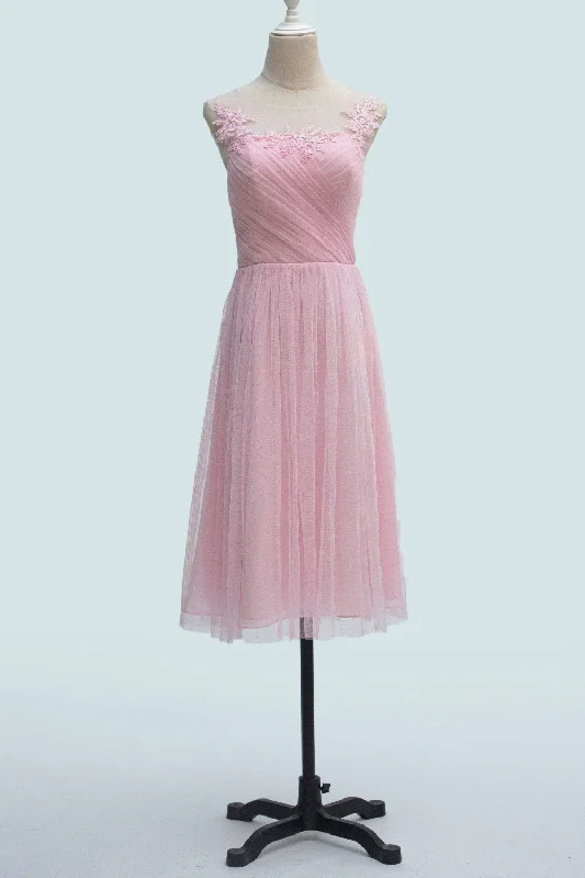 lace dressCandy Pink A-line Illusion Tulle Pleated Applique Knee Length Bridesmaid Dress