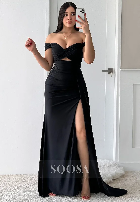 casual dressSimple Pleated Sweetheart Sleeveless Off-Shoulder Floor-Length Satin Mermaid Formal Prom Dress