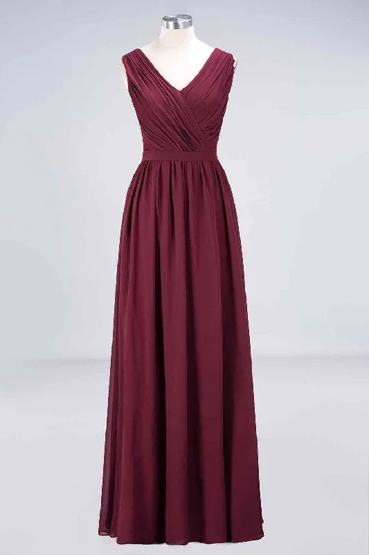 long-sleeve floral dressBurgundy A-line V Neck Pleated Chiffon Long Bridesmaid Dress