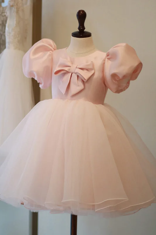 romantic dressChic Bateau Neckline Short Sleeves Pink Cute Flower Girl Dress First Communion Dress QF1030