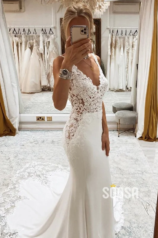 elegant dressAttractive V-neck Lace Appliques Bohemian Wedding Dress QW2626