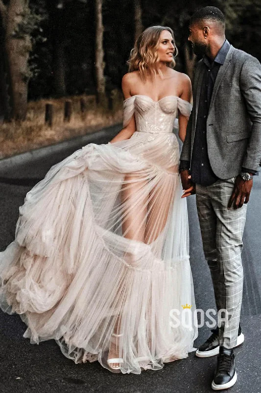 romantic dressUnique Off-Shoulder Tulle Pleats Bohemian Wedding Dress QW2421