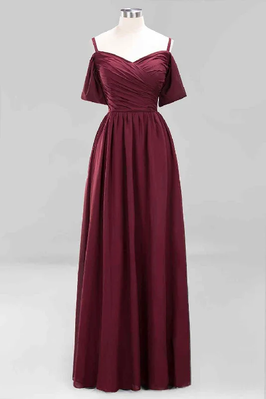 ashionable dressBurgundy A-line Sweetheart Sleeves Pleated Chiffon Long Bridesmaid Dress