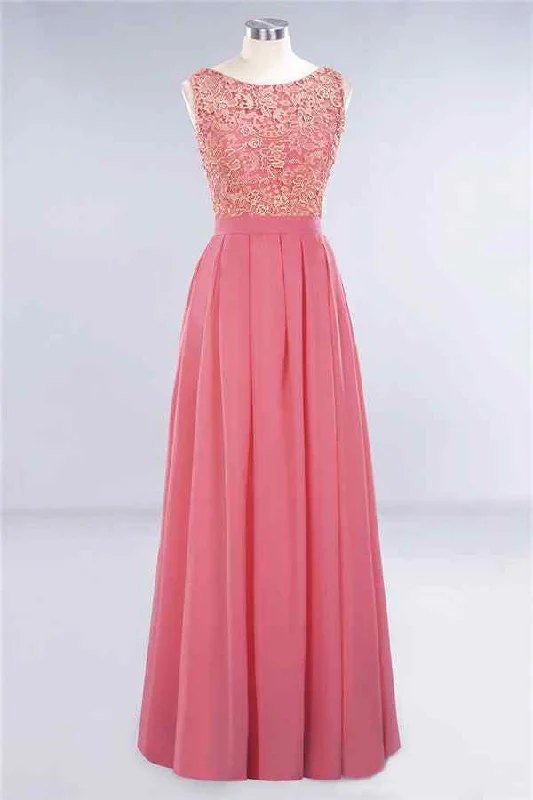 pleated dressPink A-line Sleeveless V Back Lace Chiffon Long Bridesmaid Dress