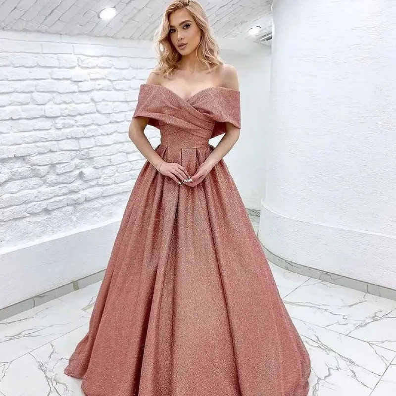 t-shirt dressSparkle A-Line Off-Shoulder Pleated Formal Prom Dress Evening Gown QP3125