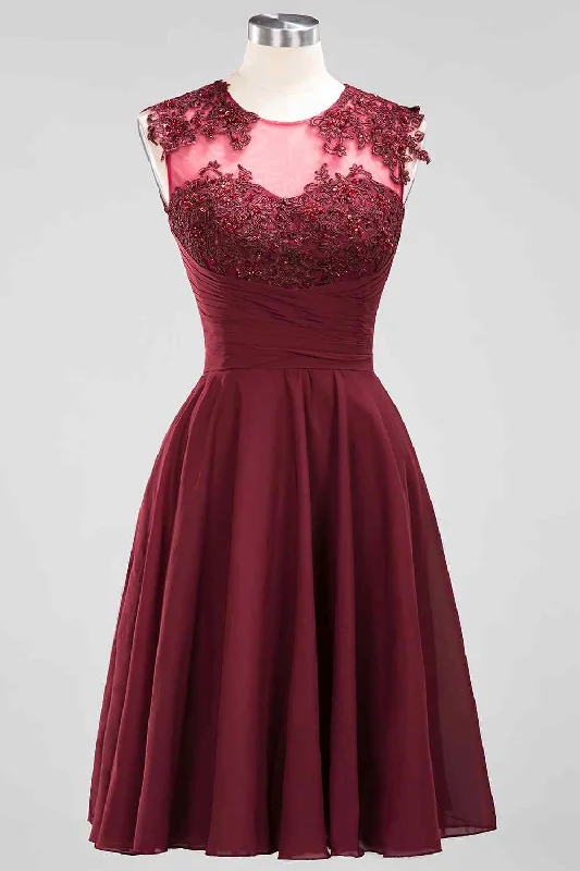 printed dressBurgundy A-line Illusion Neck Applique Chiffon Beaded Mini Bridesmaid Dress