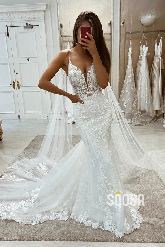 fitted cocktail dressPlunging V-neck Spaghetti Straps Lace Wedding Dress Mermaid Gown with Overlay QW2581