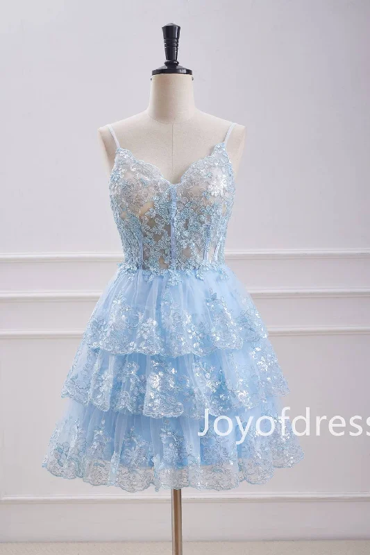 wrap dressStraps Light Blue Corset Sequin Appliques Ruffle Homecoming Dress