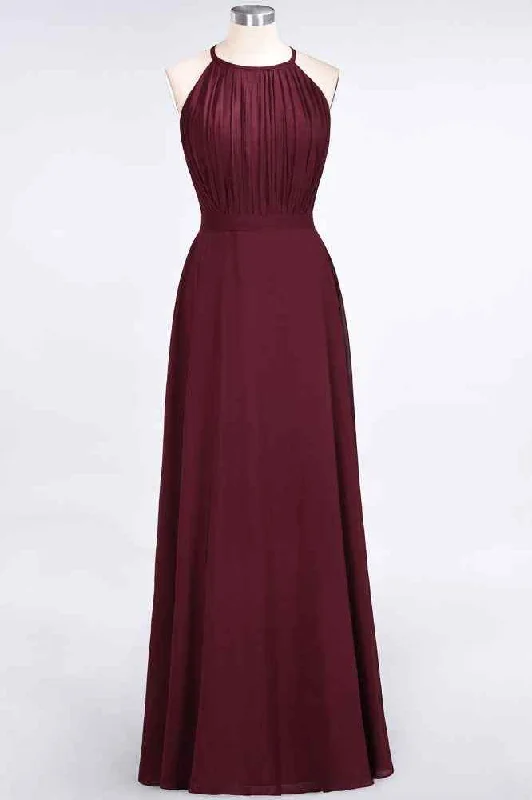 floral dressBurgundy A-line Halter Cut-Out Back Pleated Chiffon Long Bridesmaid Dress