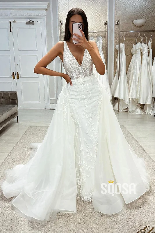 elegant maxi dressA-Line V-Neck Sleeveless  Lace Applique With Overskirt Train  Wedding Dress QW8098