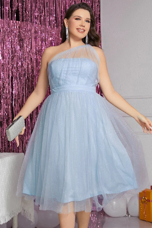 cocktail party dressSparkly Light Blue Illusion One Shoulder Tulle Homecoming Dress