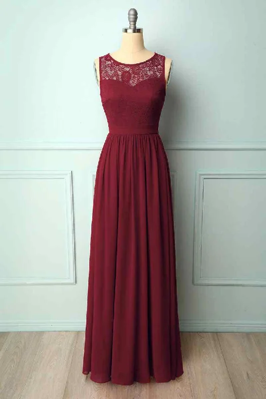 casual midi dressA-line Illusion Lace Neck Chiffon Long Bridesmaid Dress