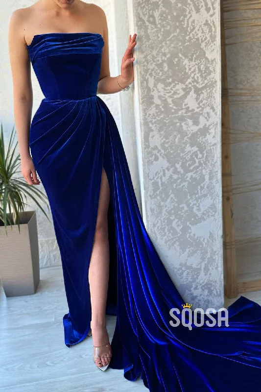 stylish party dressRoyal Blue Strapless Velvet Pleats Long Train Split Sexy Prom Dress Party Gown QP0828