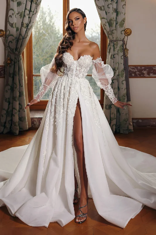 pleated maxi dressA line Sweetheart Lace Appliques Long Sleeves Rustic Wedding Dress with Slit QW0930