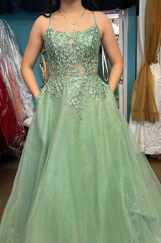 sophisticated dressDusty Sage A-line Lace-Up Back Applique Tulle Long Prom Dress  Y4005