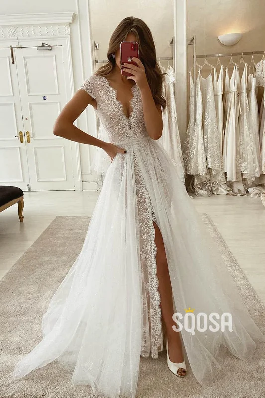 relaxed fit dressA-line Unique Cap Sleeves V-neck High Split Lace Wedding Dress Bohemian Wedding Gown QW2242