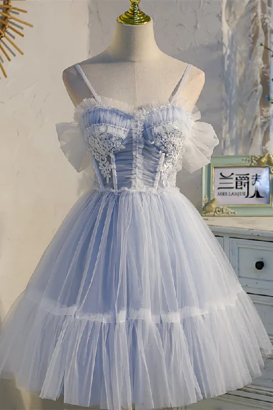 wrap dressLight Blue Bow Tie Off-the-Shoulder Ruffle Beaded Homecoming Dress